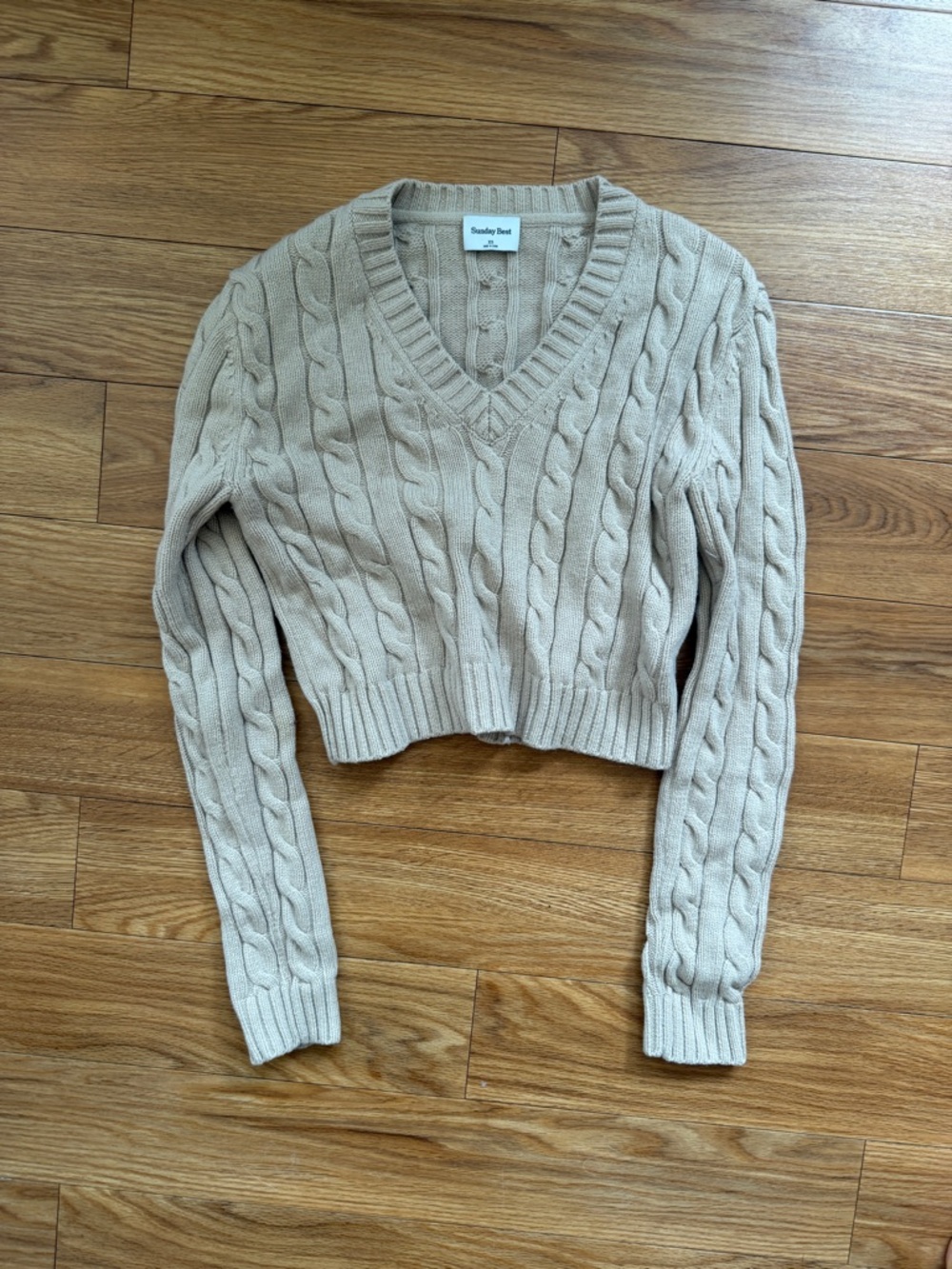 Sunday Best Tan Cable-Knit V-Neck Cropped Sweater